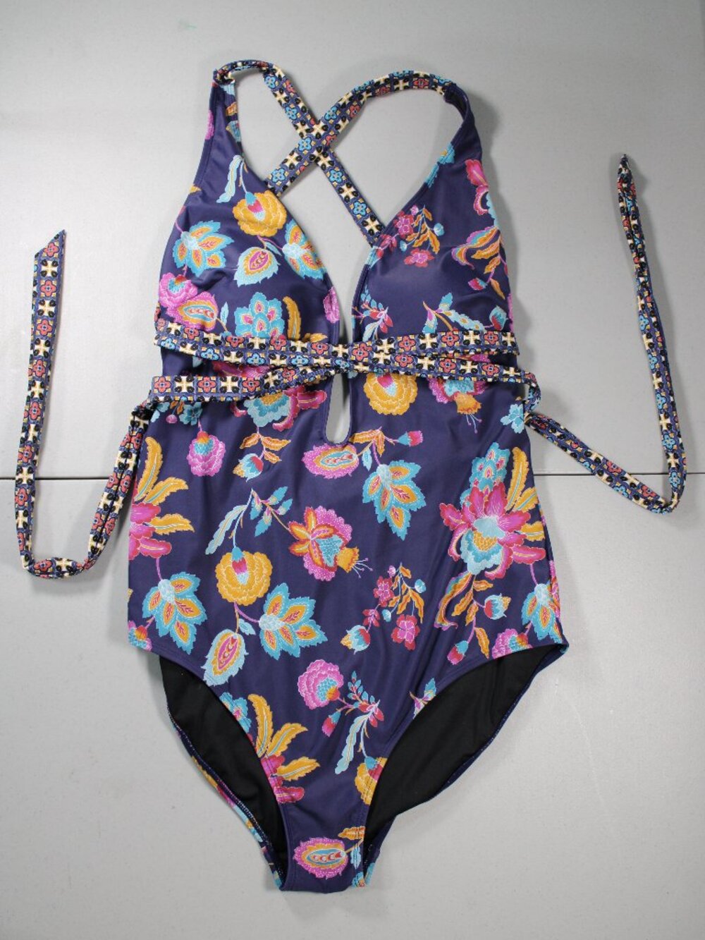 Coastal Blue Women's One-Piece Deep V-Neck Floral Print Strap Large Swimsuit